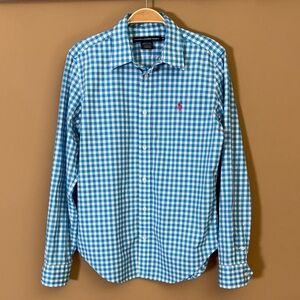 Ralph Lauren Blue and White Gingham Button-Down Shirt with Pink Pony